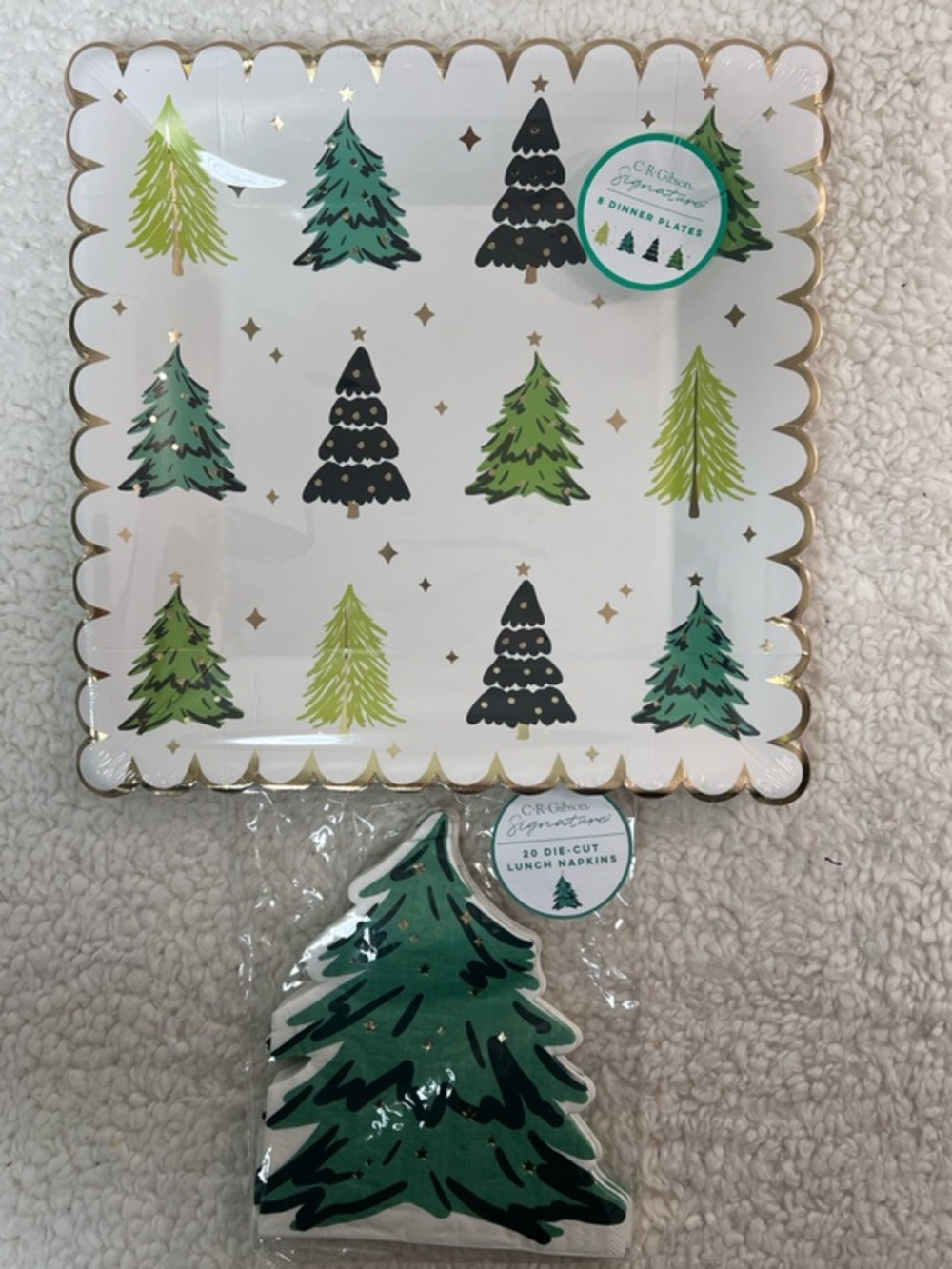 C.R. Gibson Signature "Holiday Trees" Coated, Heavy Duty Dinner Plates + Napkins
